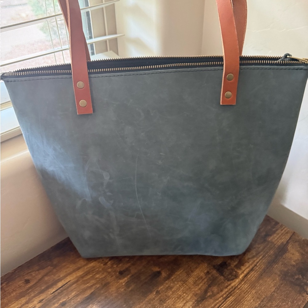 Portland Leather Slate Gray Tote with Tan Handles - Picture 2 of 6
